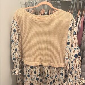 Cream Knit Bodice Floral Sleeve Dress - Blue Flower Print